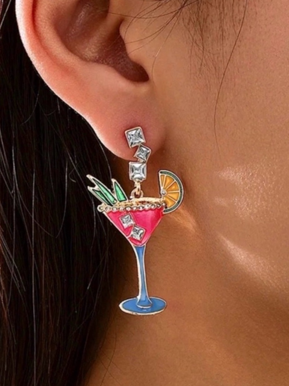 Cocktail Glass Summer Drop Earrings - Pink & Blue Enamel